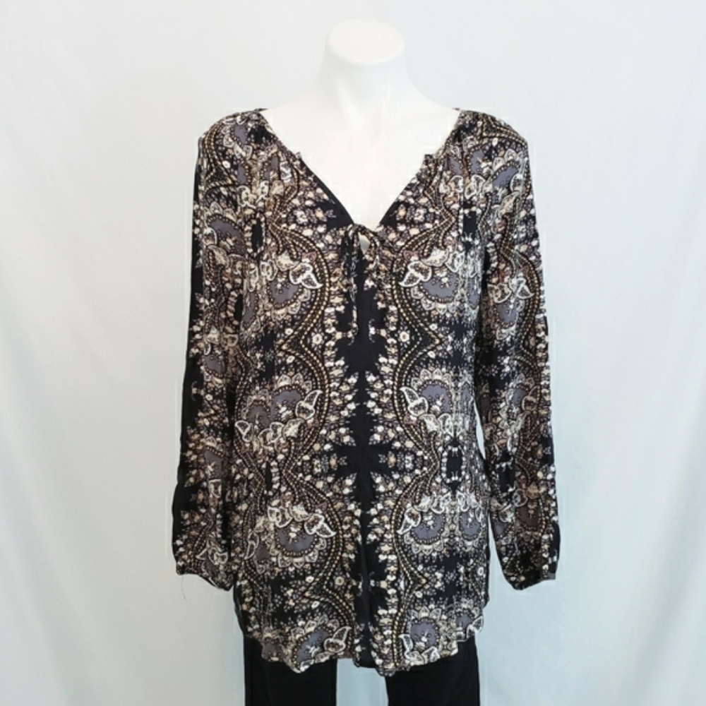 NWT Ella Moss Paisley Floral Blouse Top Black Business Casual